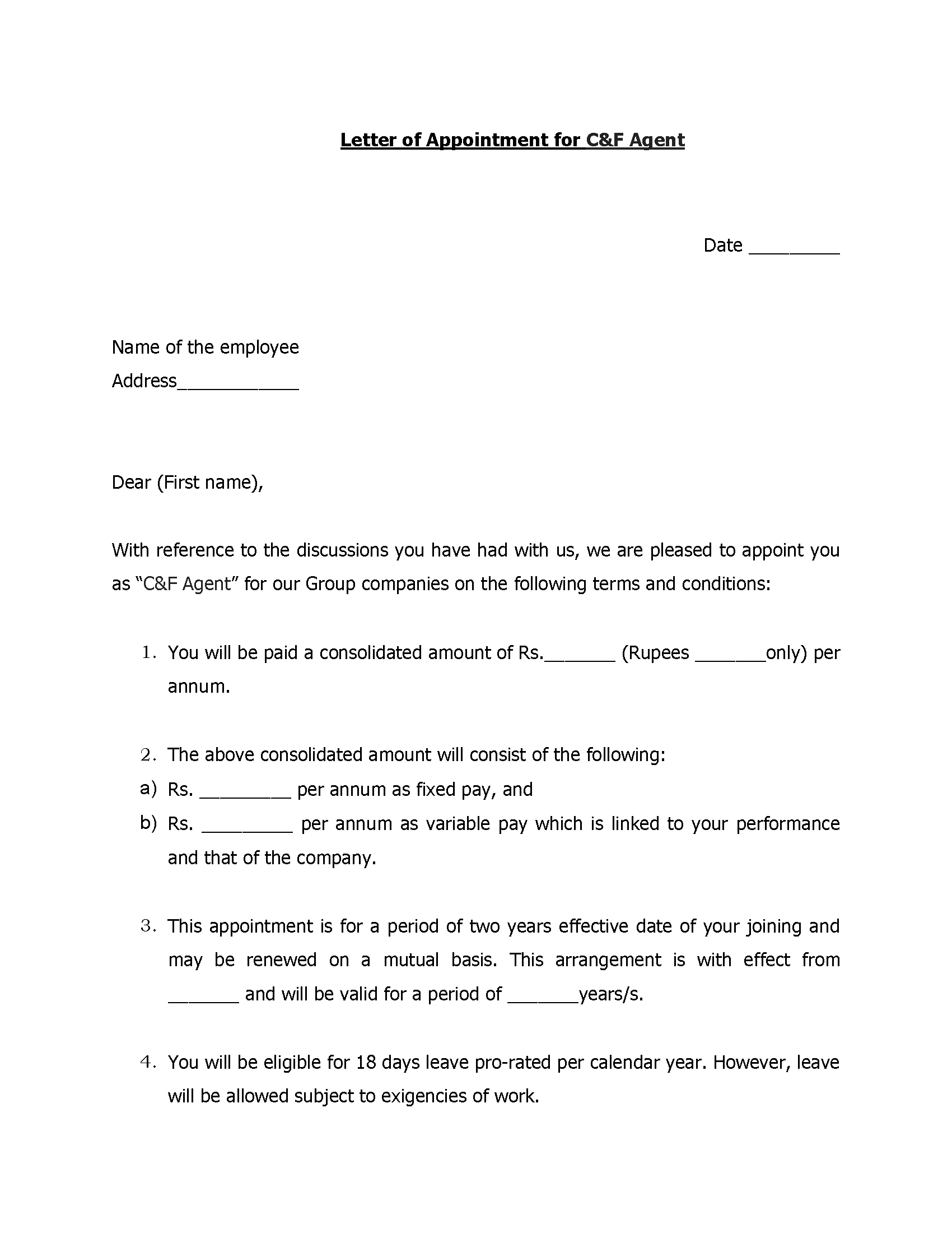 Letter Of Appointment For C&F Agent